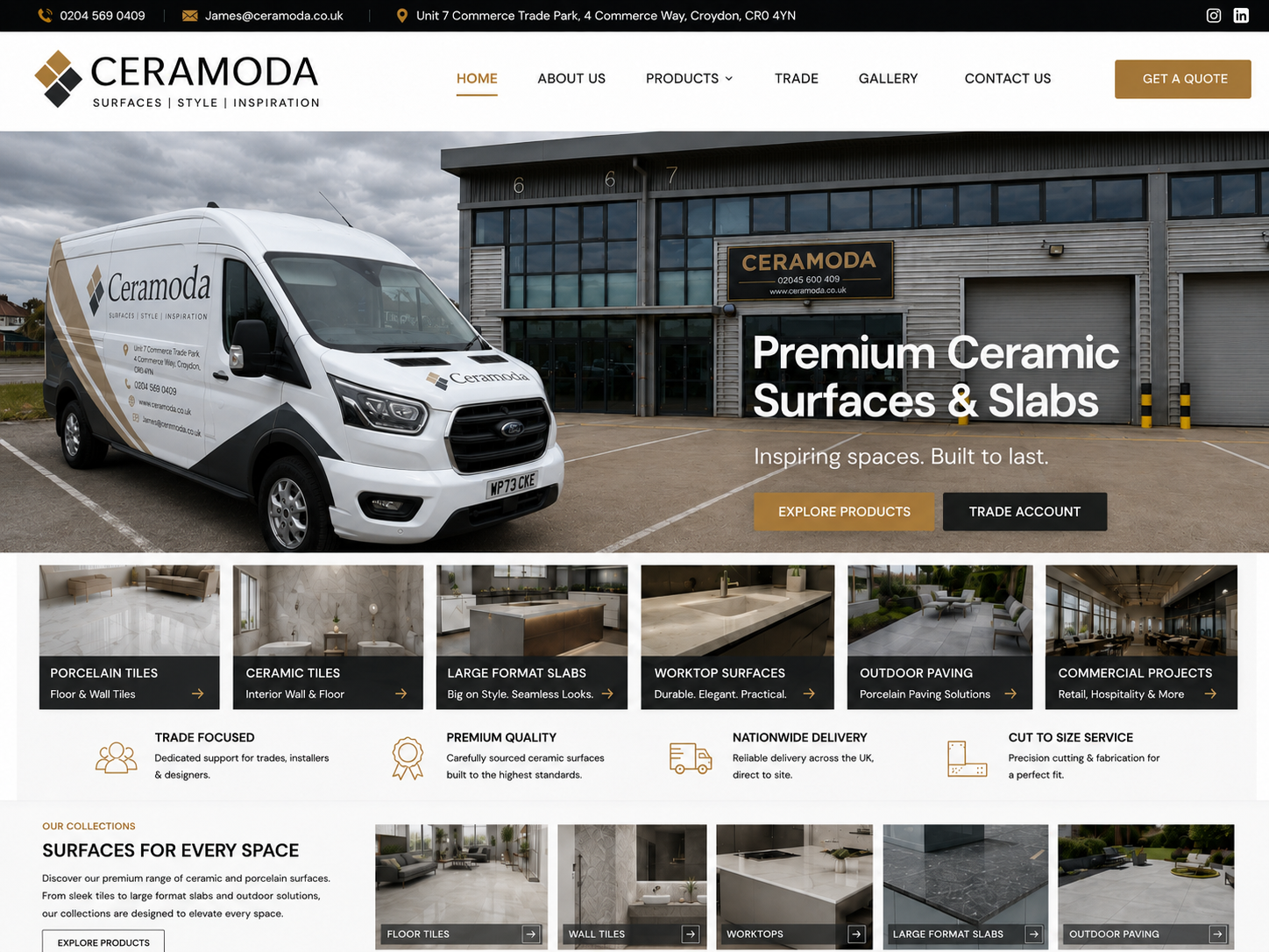 Ceramoda homepage showing the exact approved header, Ceramoda van, business unit, ceramic surface categories and trade services.